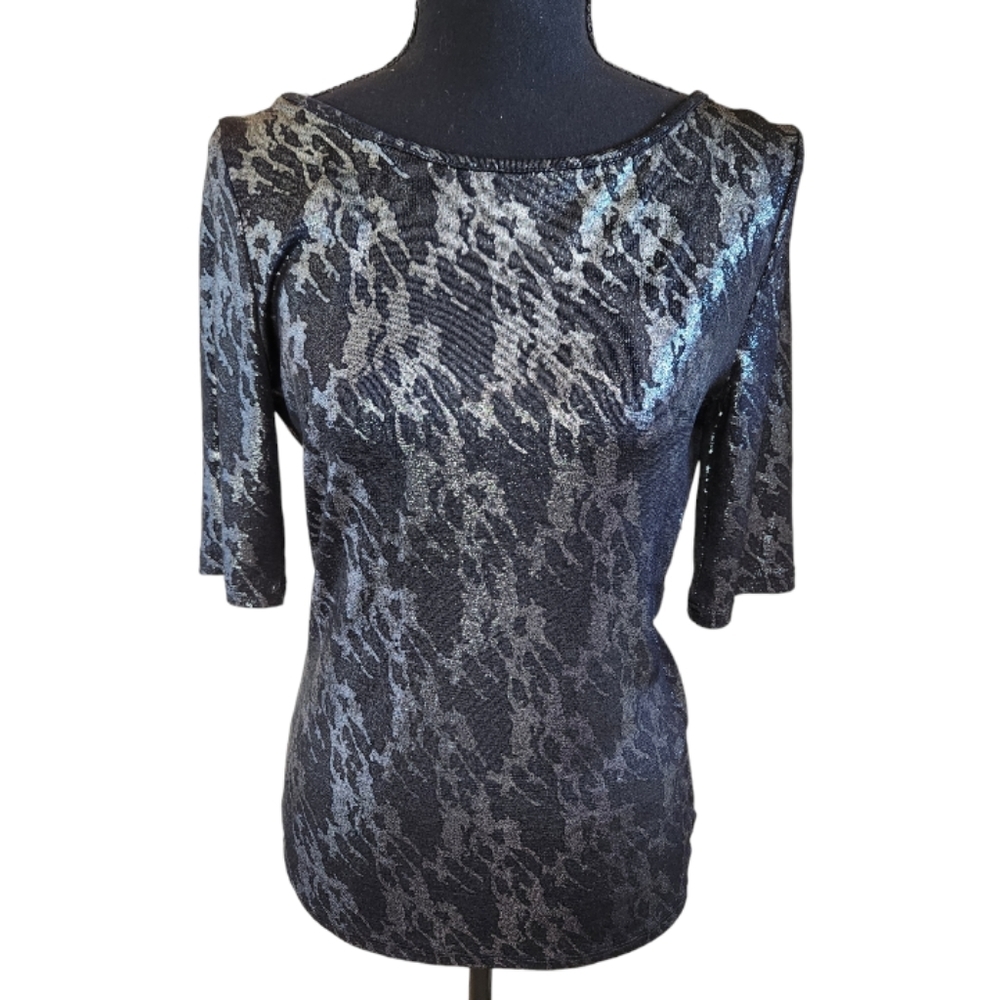 BKE BOUTIQUE blouse with deep draped back black and silver sz large NWT